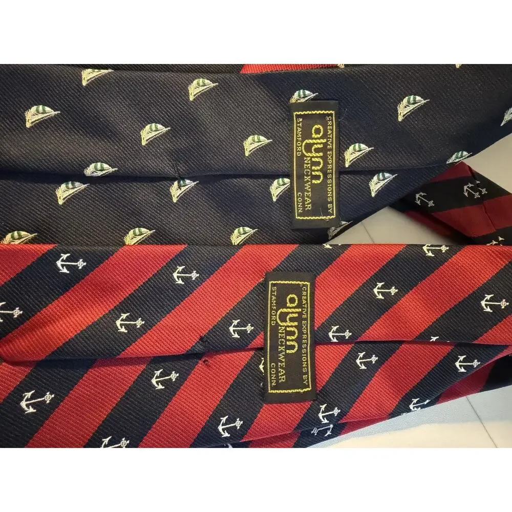 Lot 2 Alynn Navy Blue Red Necktie Nautical Anchor Sailboat Pattern USA Coastal